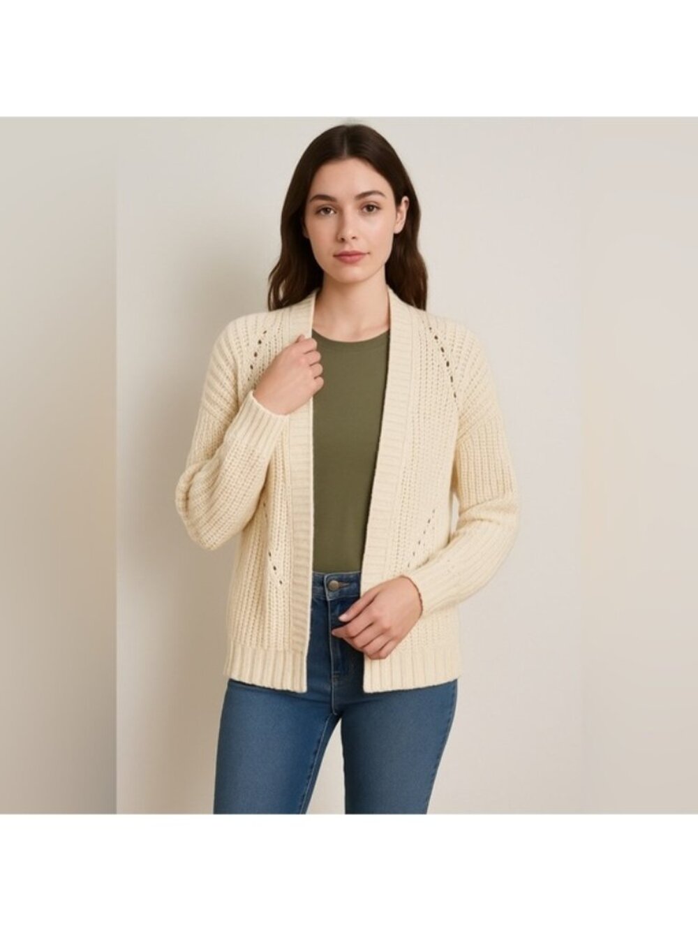 Garage Open Front Knit Cardigan Sweater in Cream (Size P/S)